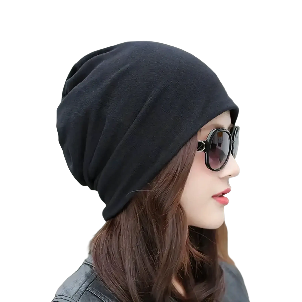 Black slouchy knit beanie hat with hip hop newspaper print design made of soft knit material for casual wear