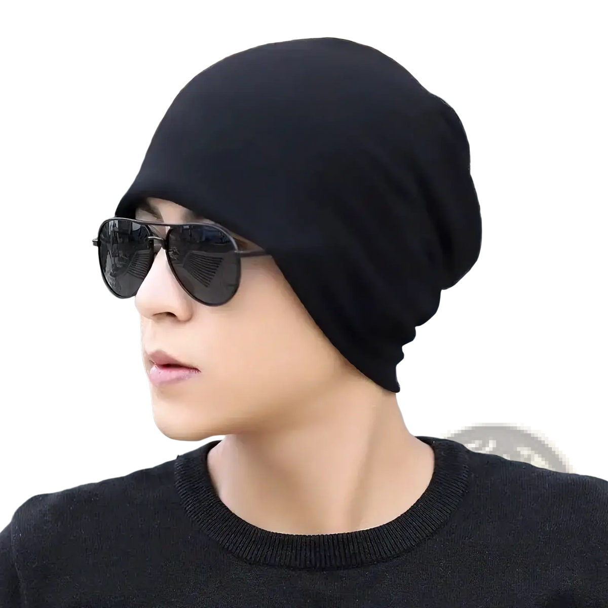 Black slouchy knit beanie hat with hip hop newspaper print made of soft knit fabric for casual wear
