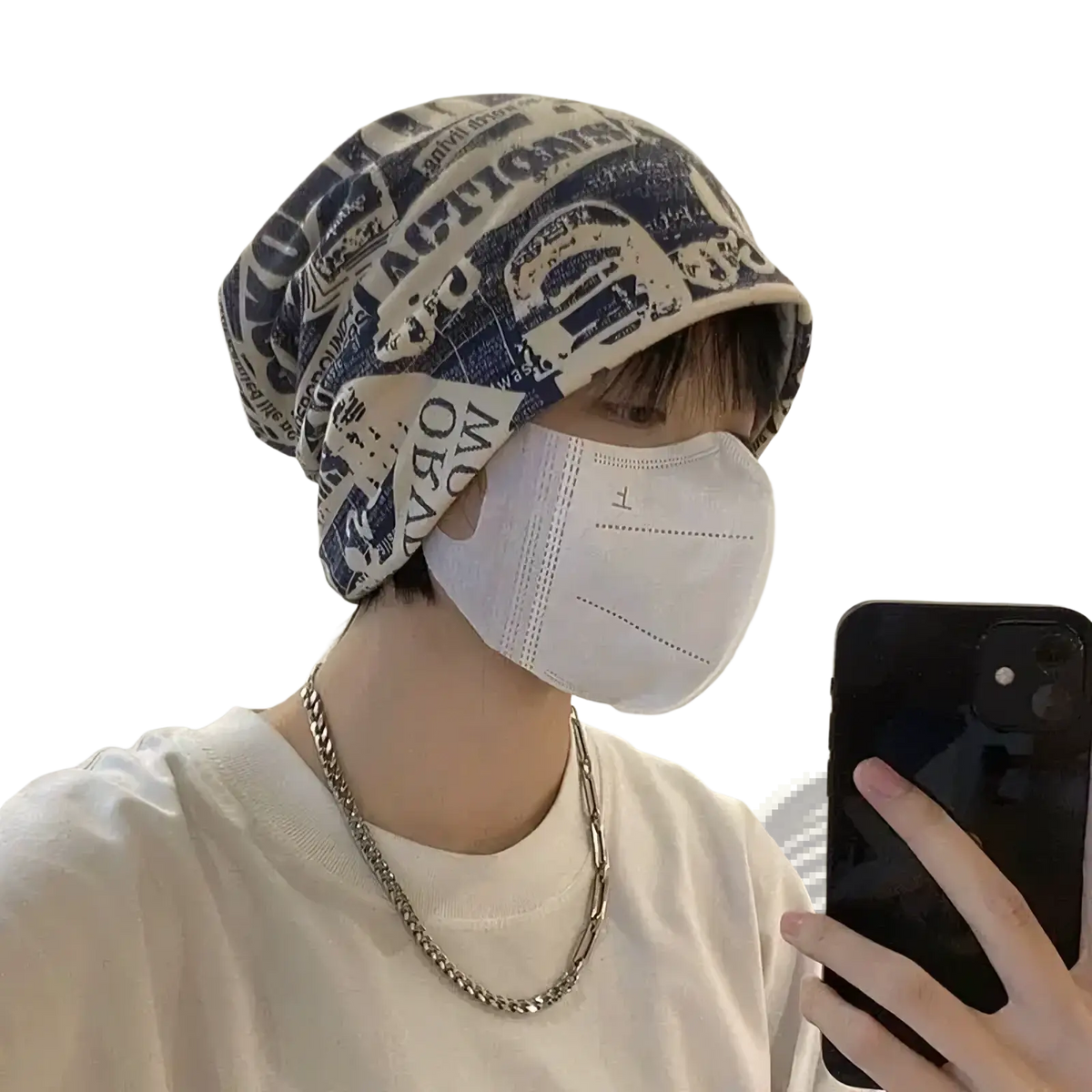 Blue and white knit hip hop beanie hat featuring newspaper print design for casual streetwear use