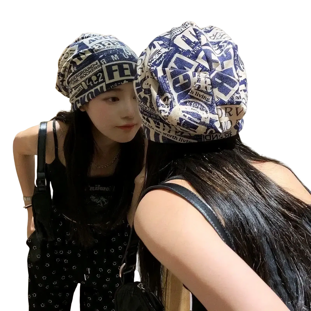 Blue and white graphic print knit headscarf featuring a newspaper design for hip hop style and casual wear