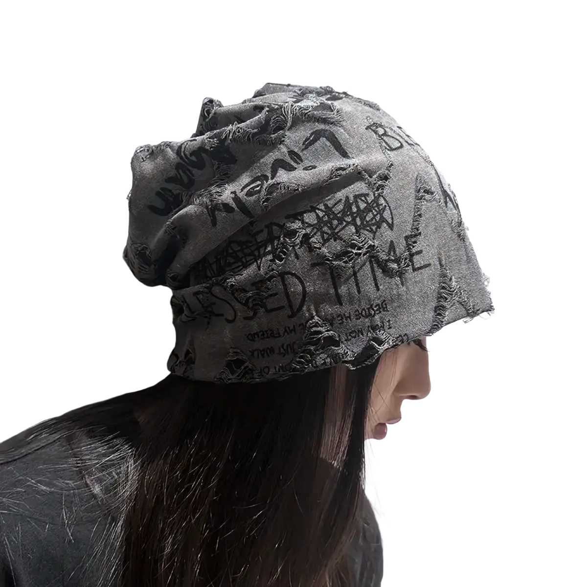 A gray knit hip hop beanie hat with black graffiti lettering and frayed edges featuring a distressed look