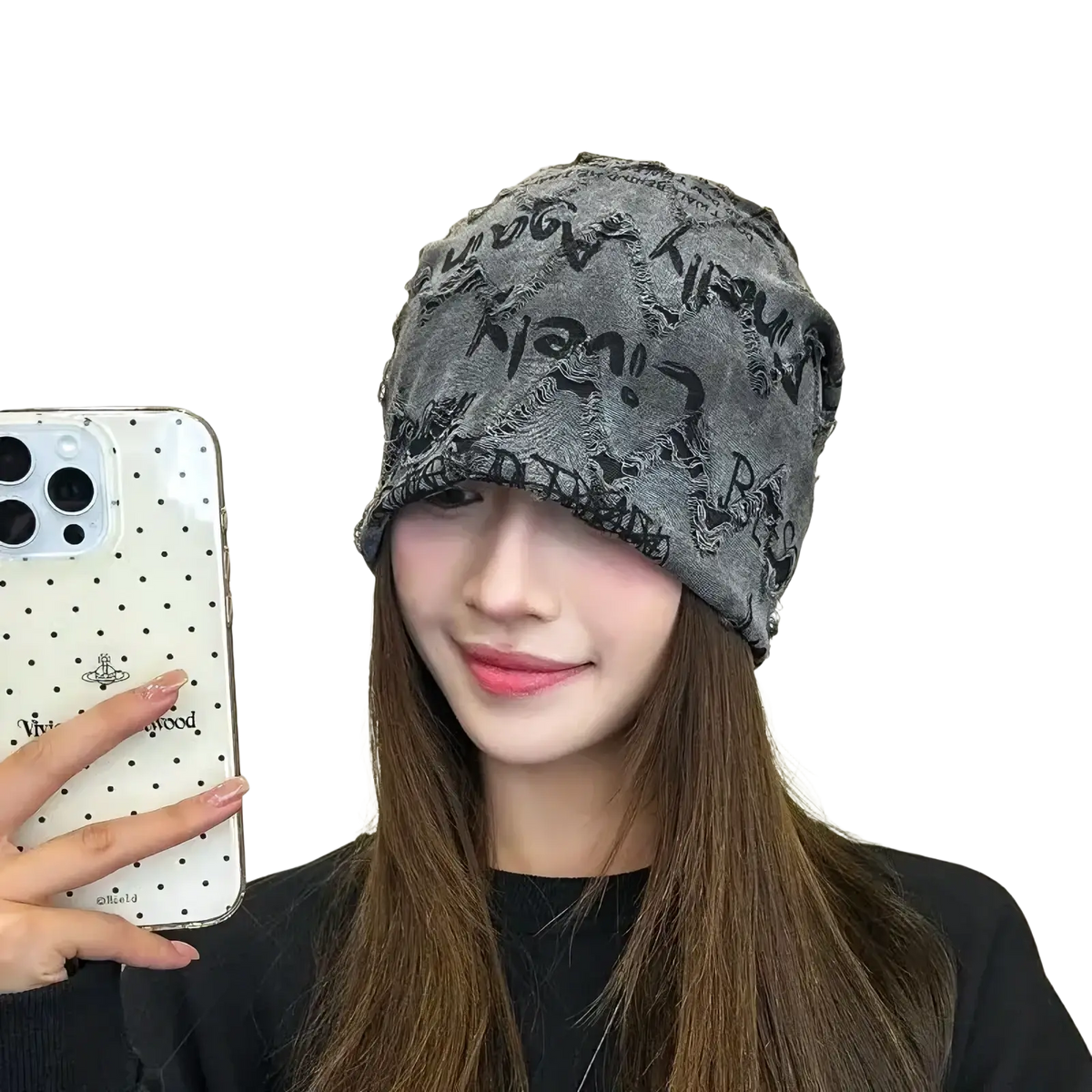 Gray knit hip hop beanie hat with black distressed newspaper print lettering design on soft fabric material