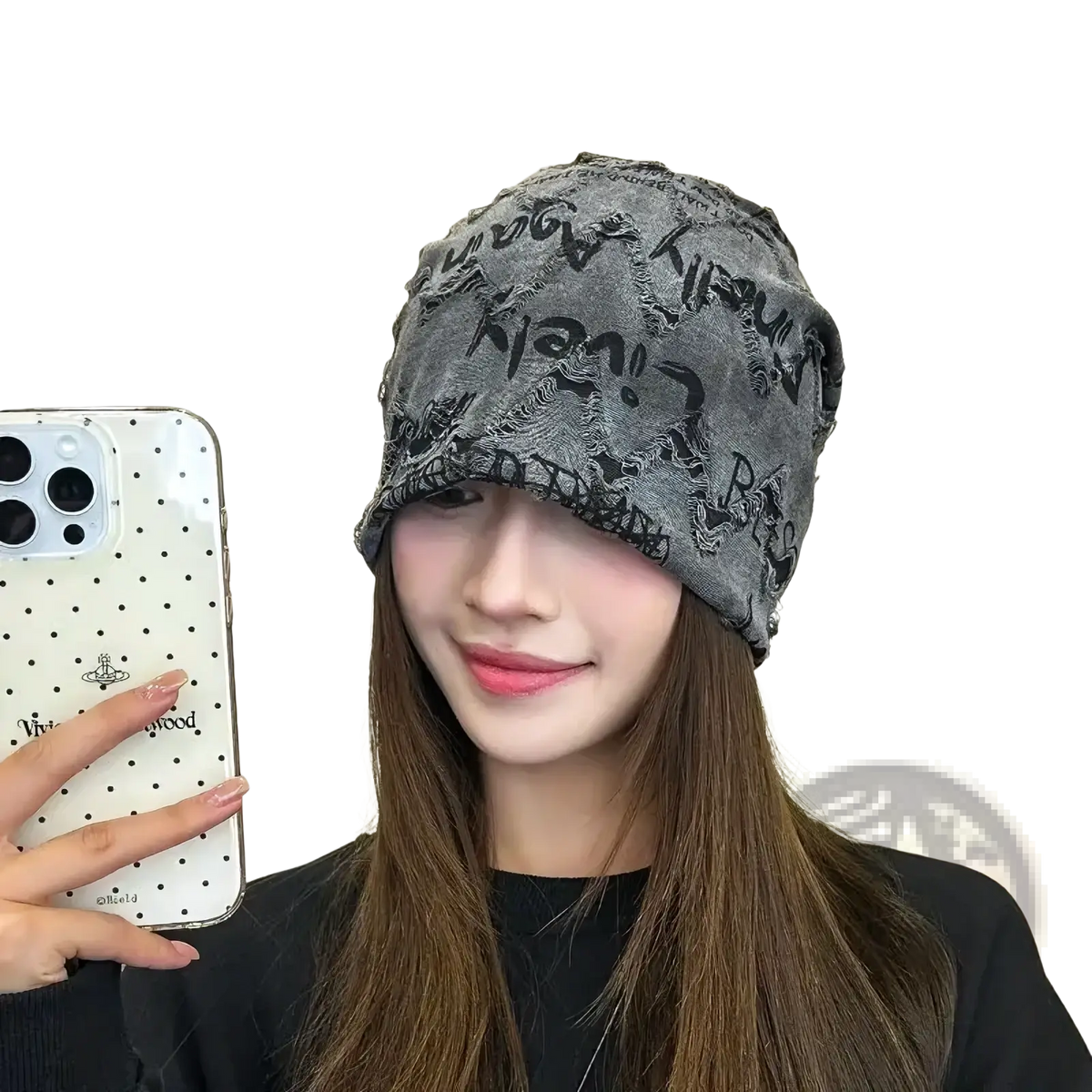 Gray knit hip hop beanie hat with black distressed newspaper print lettering design on soft fabric material