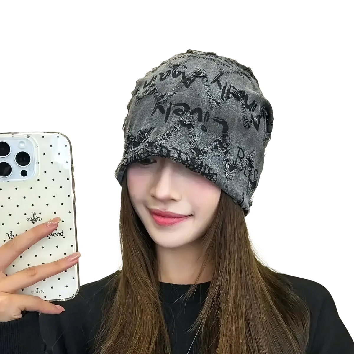 Gray distressed knit beanie hat with black graffiti newspaper print lettering and frayed edges for hip hop style