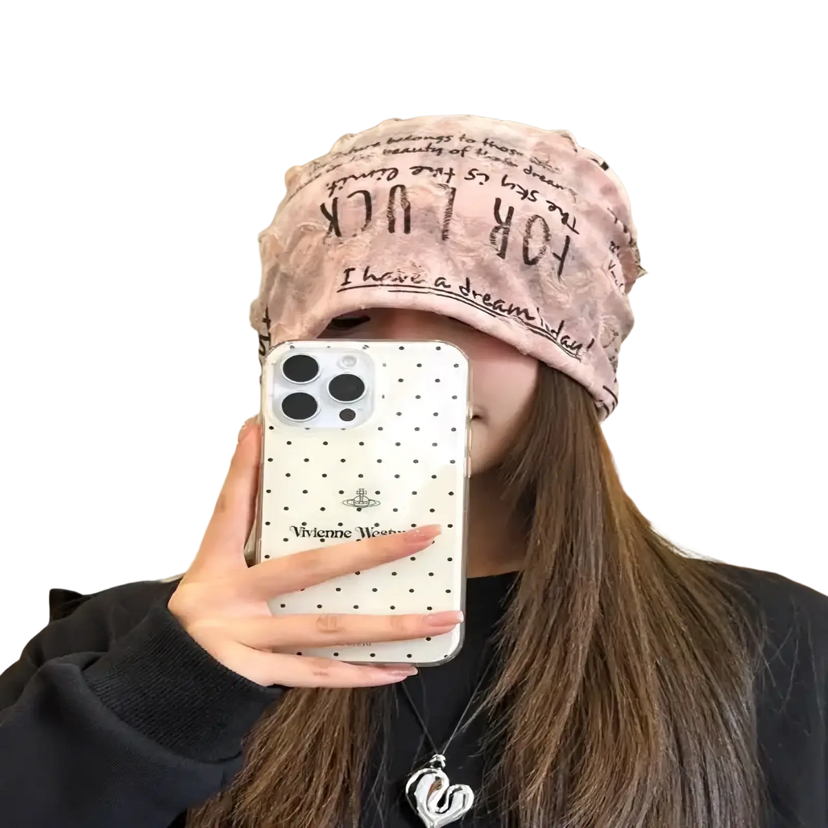 Pink satin shower cap with black handwritten style text design matching hip hop newspaper print knit beanie hat