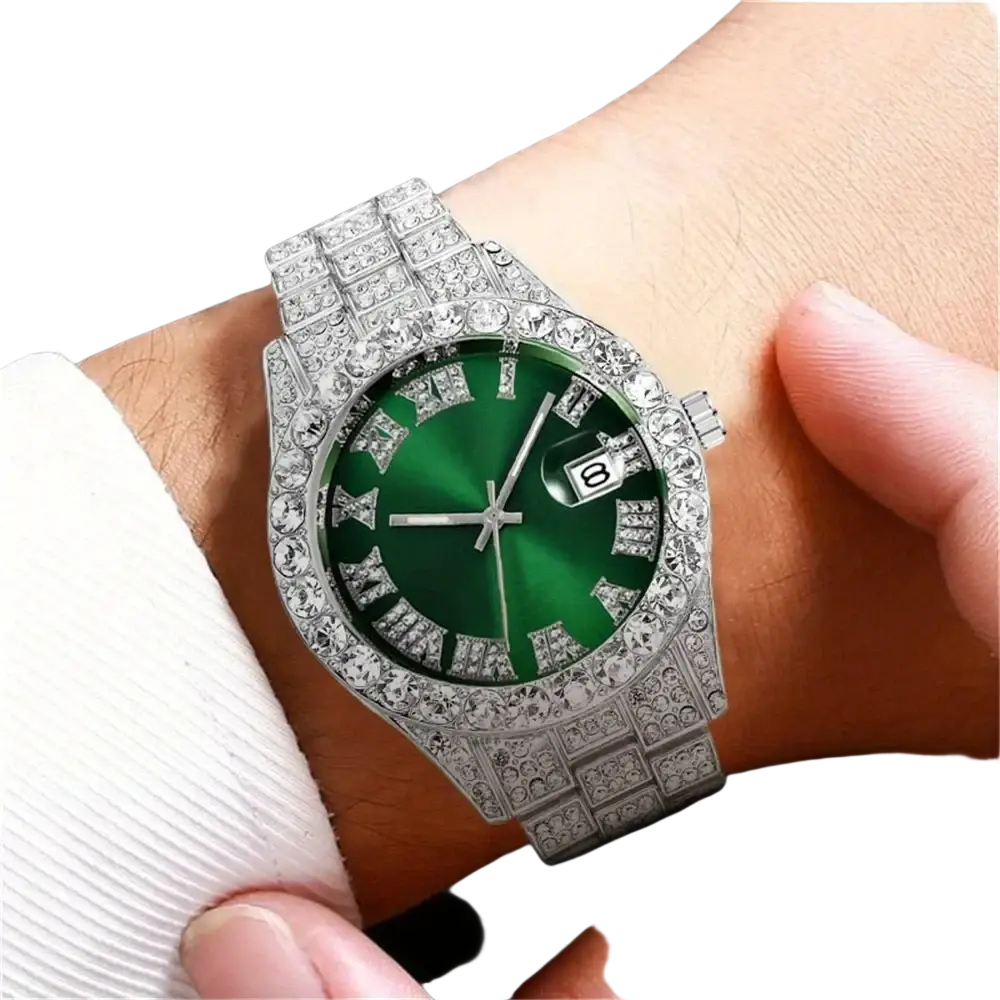 A hip hop rhinestone watch featuring an emerald green face with a silver stainless steel crystal-adorned bracelet