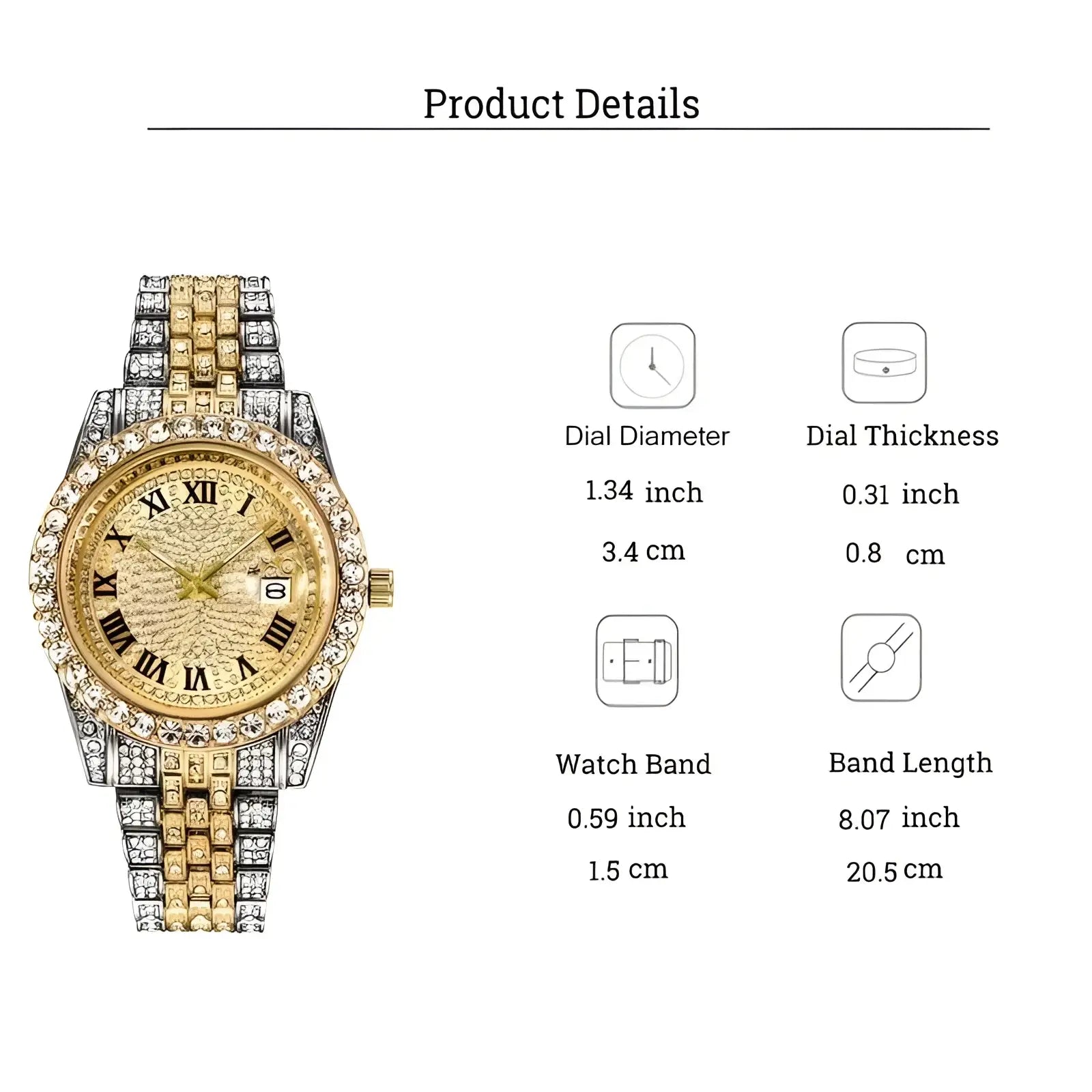 Gold and silver two-tone hip hop rhinestone watch with diamond-encrusted stainless steel quartz roman numeral dial