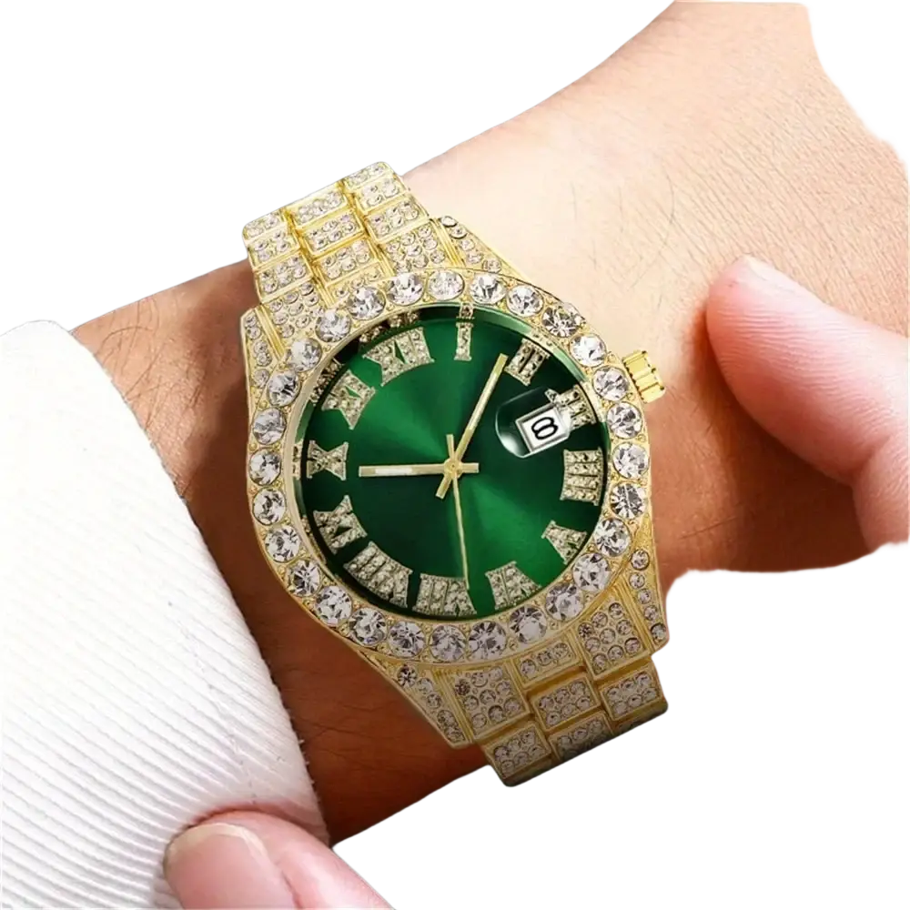 Gold-tone hip hop rhinestone watch with vibrant green dial roman numerals diamond-studded stainless steel bracelet
