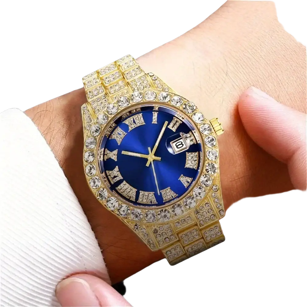 Gold-tone stainless steel hip hop rhinestone watch with diamond-encrusted case and deep blue dial with roman numerals