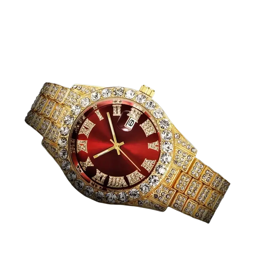 Gold-tone hip hop rhinestone watch with diamond accents, stainless steel quartz movement, and a vibrant red face