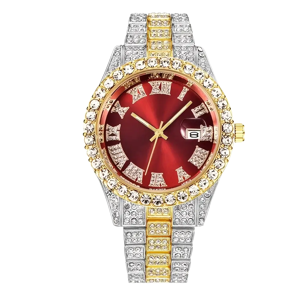 A luxurious hip hop rhinestone watch with red dial, gold and silver bezel, roman numerals, and two-tone link bracelet