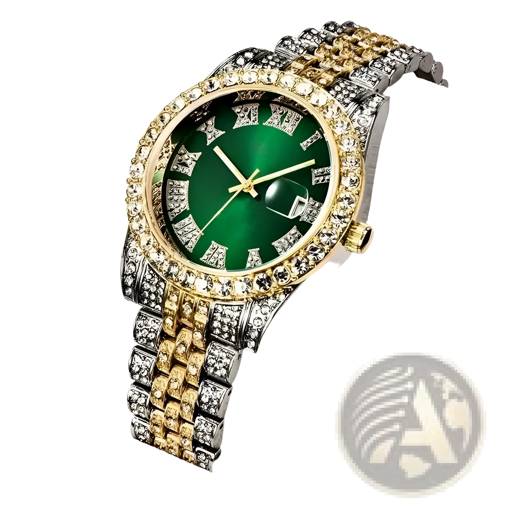 A luxurious hip hop rhinestone watch with two-tone gold and silver stainless steel and a vibrant green dial