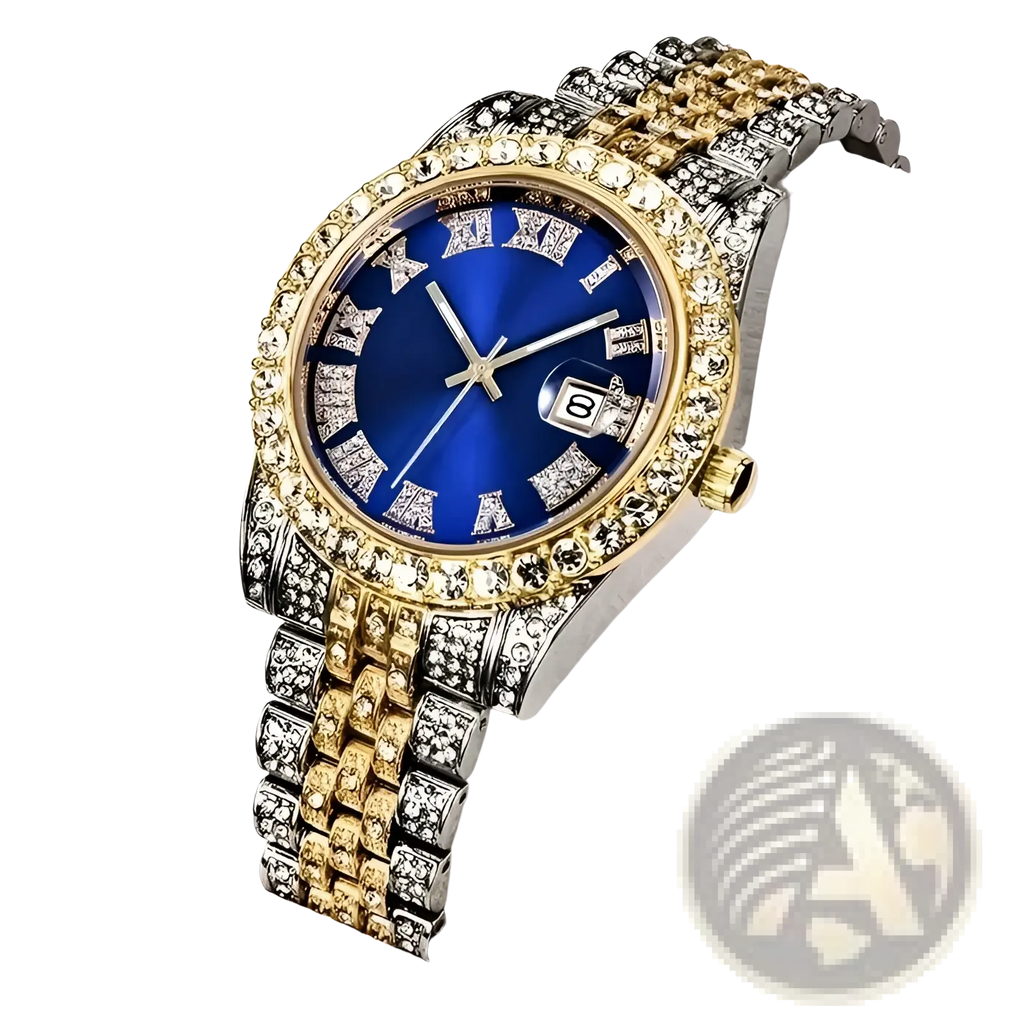 A luxurious hip hop rhinestone watch with two-tone gold and silver stainless steel and a deep blue dial