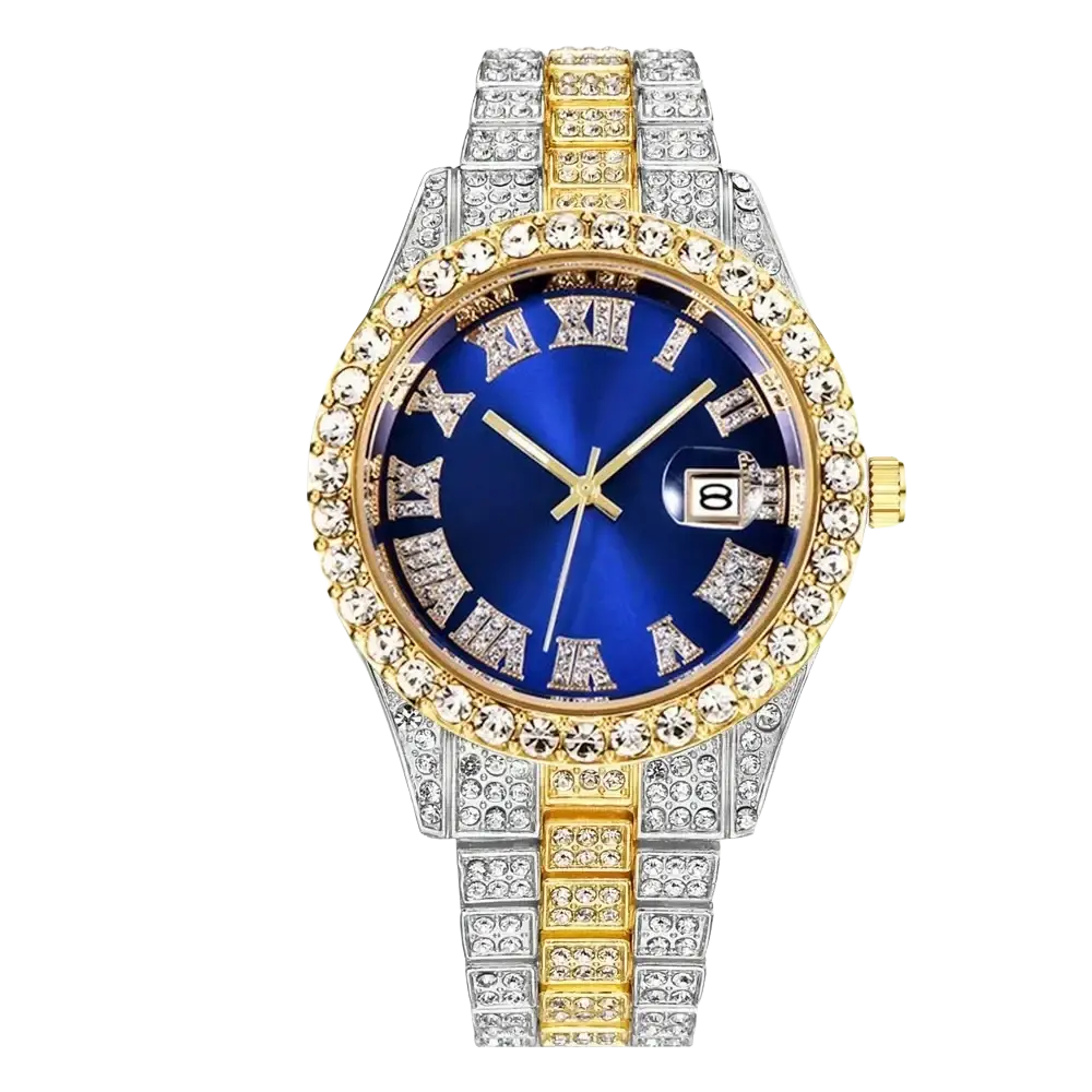 A luxurious hip hop rhinestone watch with a deep blue dial gold and silver stainless steel case and integrated crystal bracelet