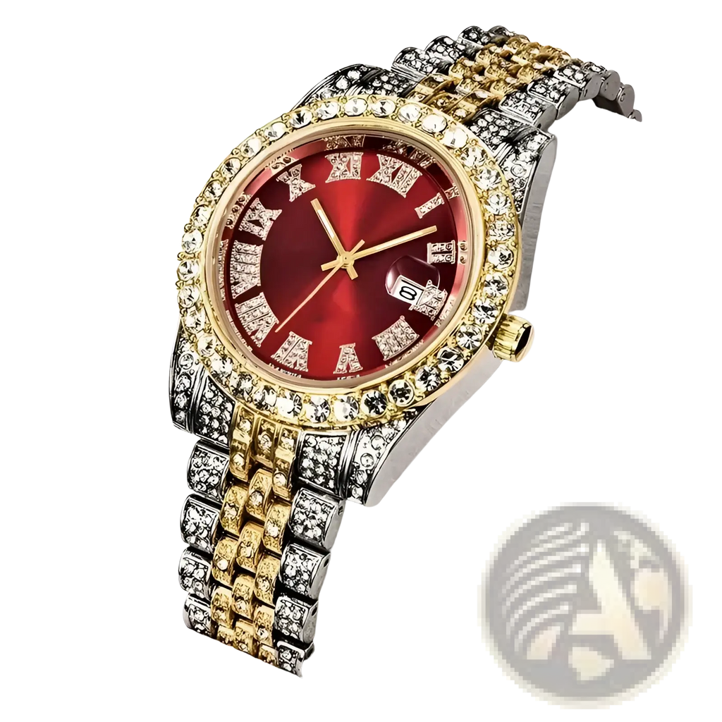A luxurious two-tone gold and silver hip hop rhinestone watch with red dial and roman numerals in stainless steel