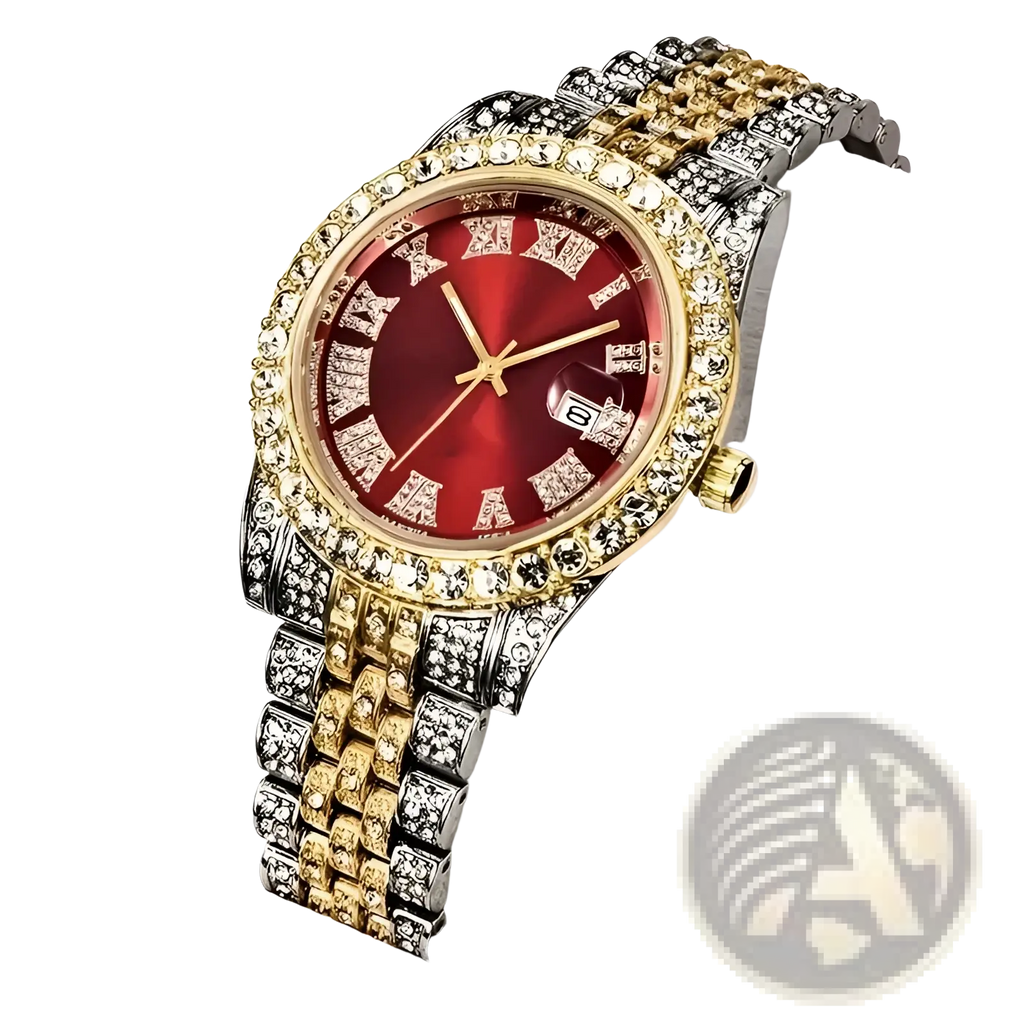 A luxurious two-tone gold and silver hip hop rhinestone watch with a red dial and diamond-encrusted stainless steel bracelet