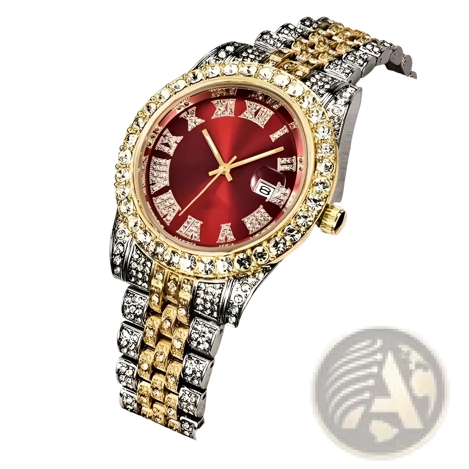 A luxurious two-tone gold and silver hip hop rhinestone watch with a red dial and diamond-encrusted stainless steel bracelet