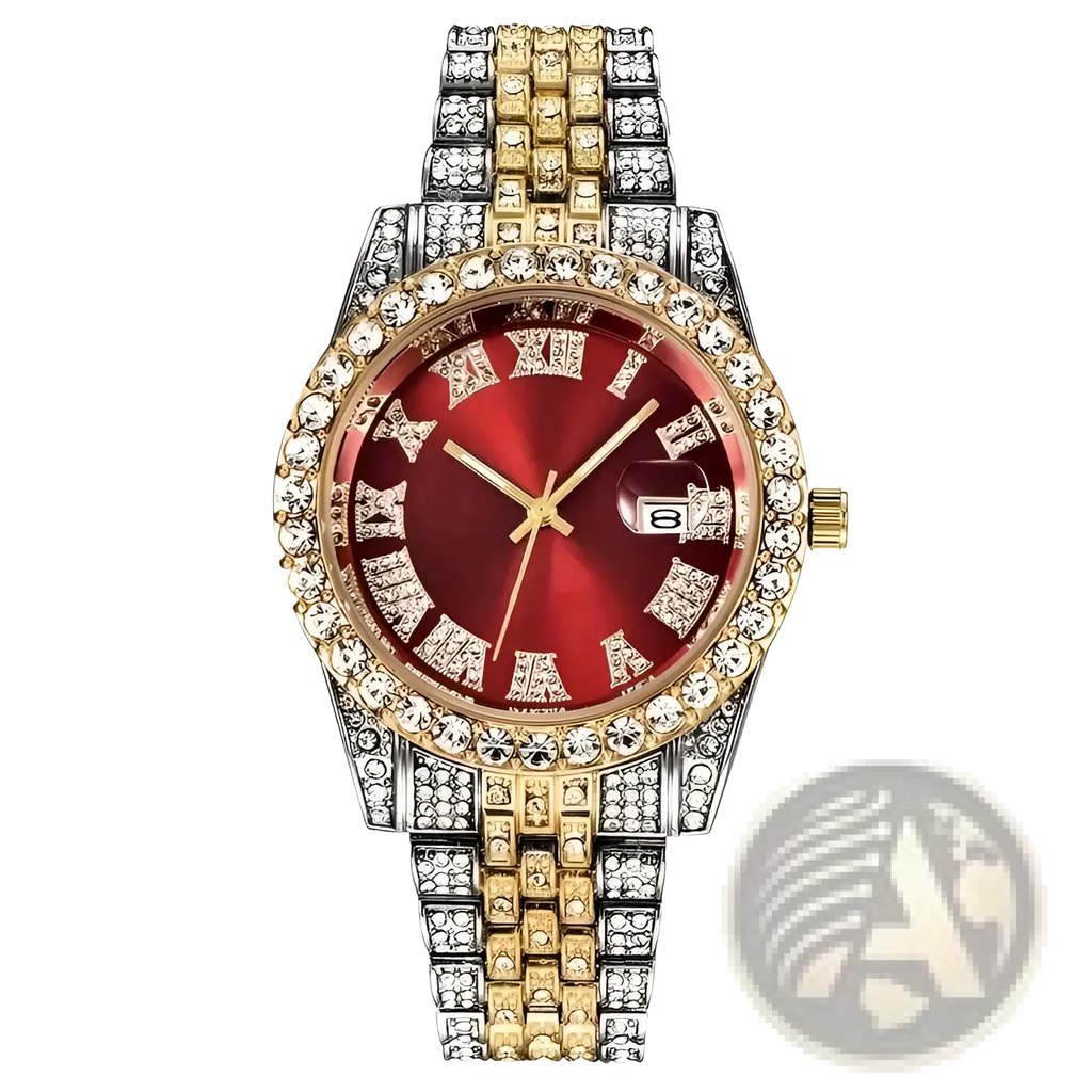 A luxurious two-tone gold and silver hip hop rhinestone watch with red dial and roman numeral markers in stainless steel