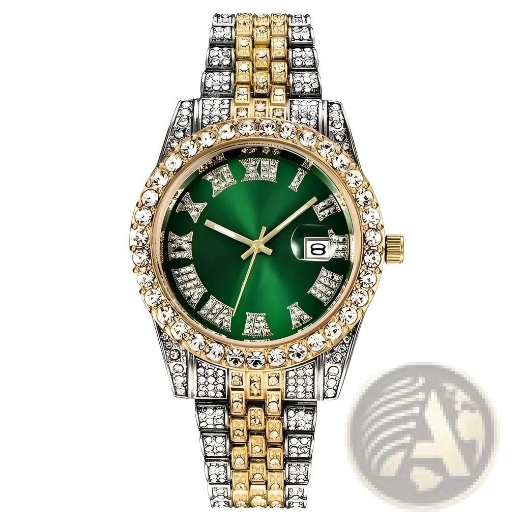 A luxurious two-tone gold and silver hip hop rhinestone watch with a vibrant green dial and diamond-encrusted bezel