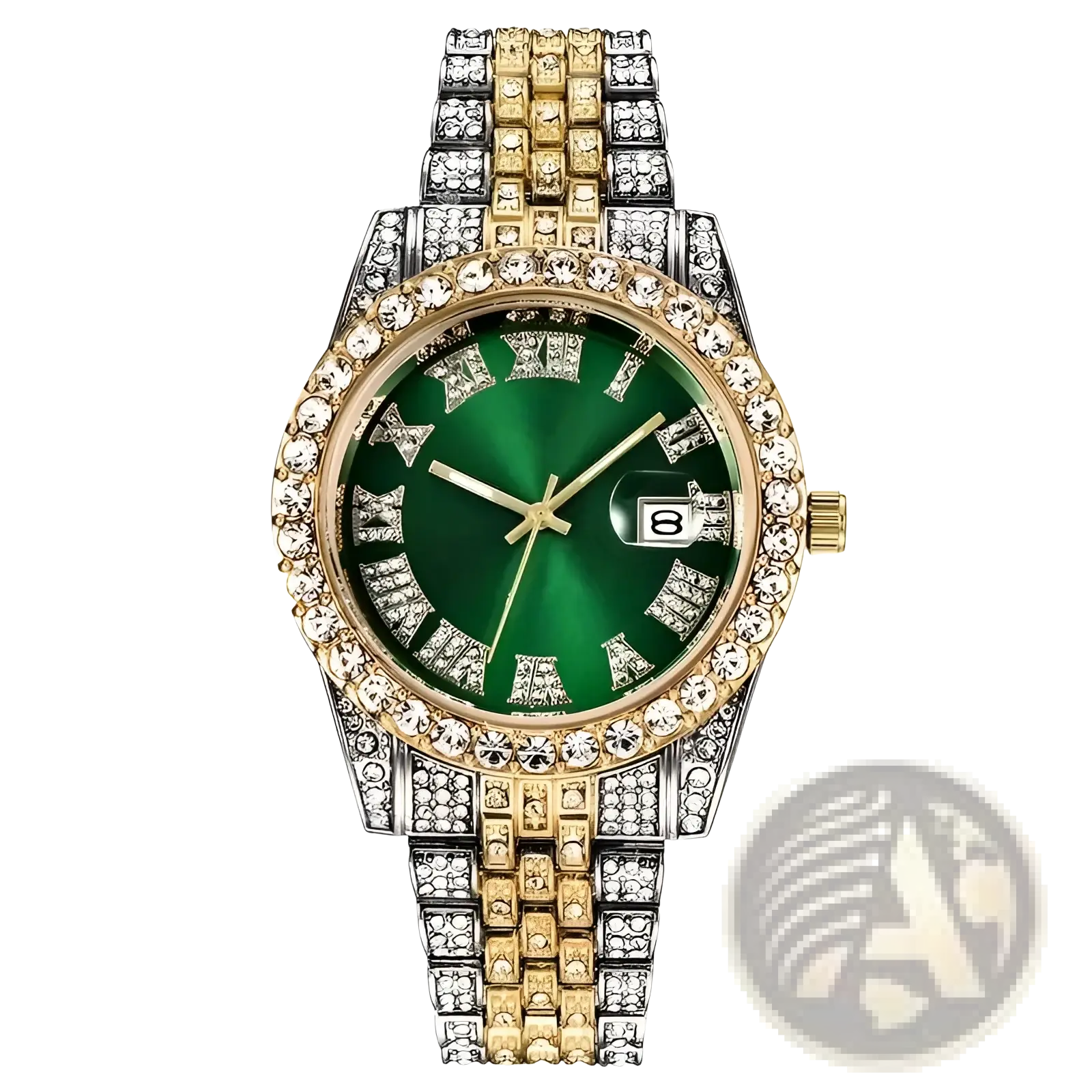 A luxurious two-tone gold and silver hip hop rhinestone watch with a vibrant green dial and diamond-encrusted bezel