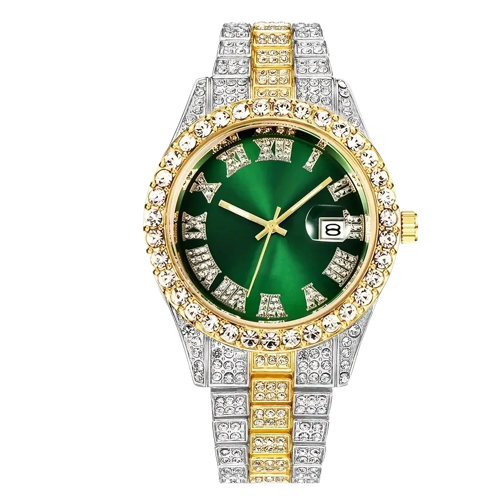 Luxury hip hop rhinestone watch with vibrant green dial gold and silver crystal-encrusted stainless steel bracelet