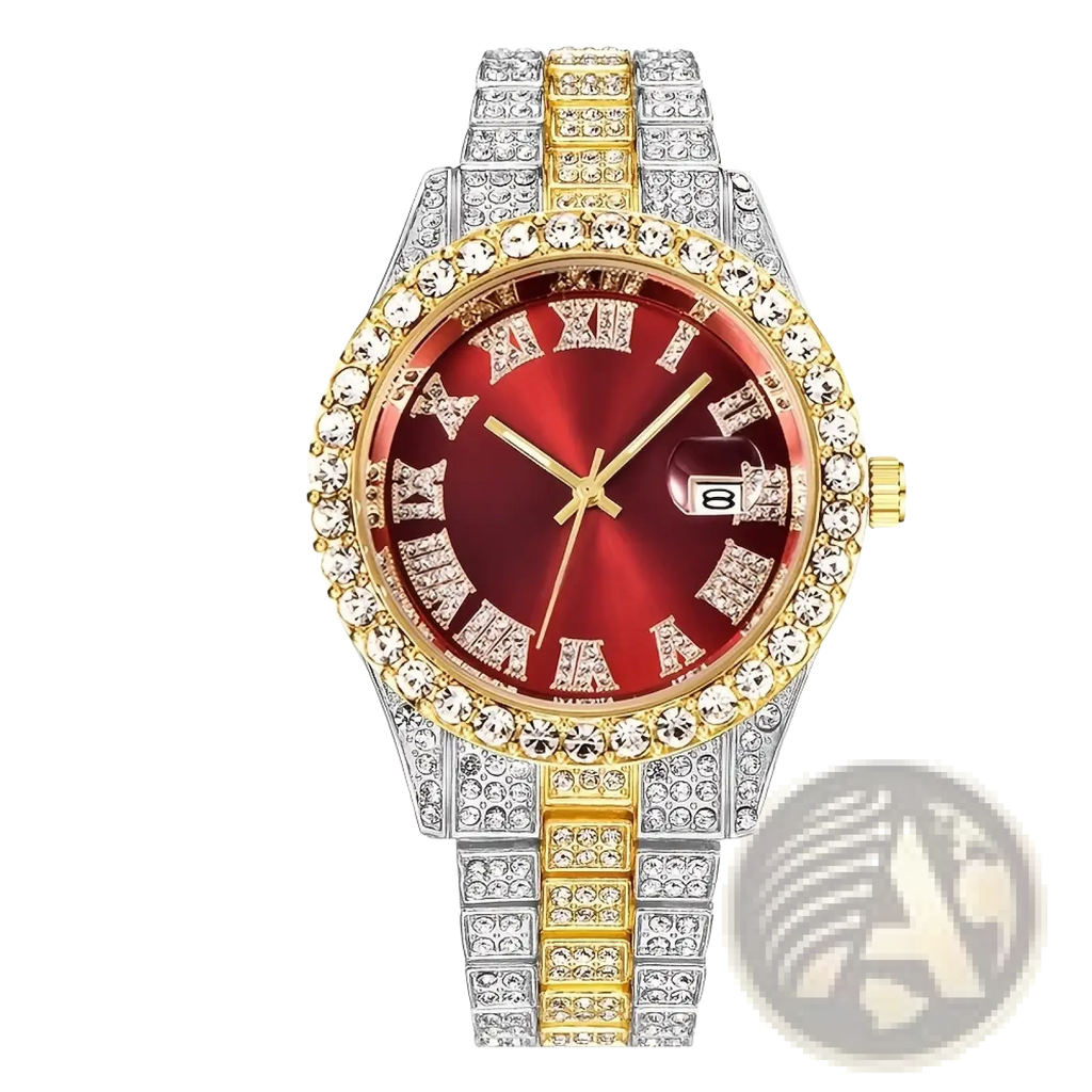 A luxurious hip hop rhinestone watch with red dial, gold and silver bezel, roman numerals, and two-tone link bracelet