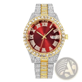 A luxurious hip hop rhinestone watch with red dial, gold and silver bezel, roman numerals, and two-tone link bracelet