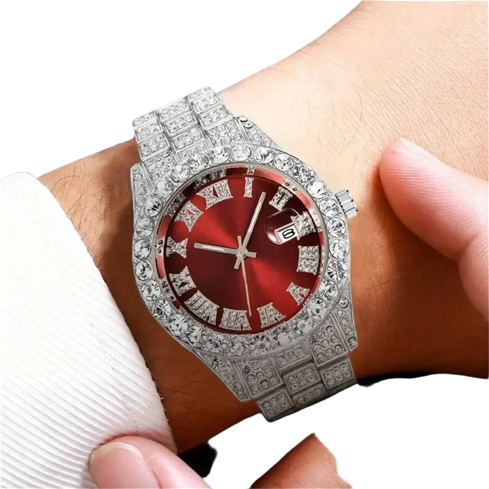 A dazzling silver hip hop rhinestone watch with a vibrant red face and sparkling crystals on the stainless steel bezel