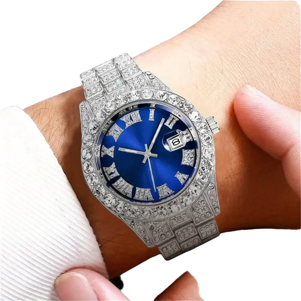 A dazzling hip hop rhinestone watch with a silver stainless steel band and deep blue face with roman numerals