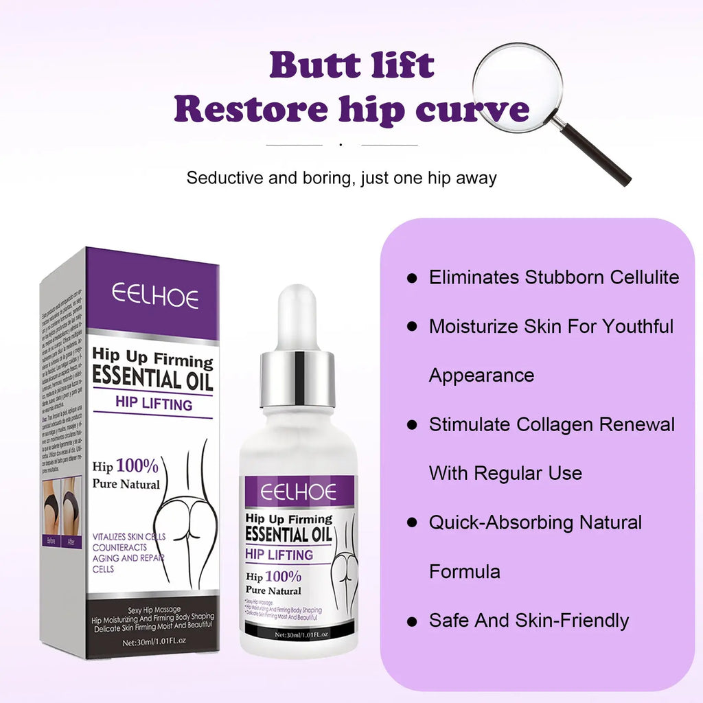 A clear glass bottle with silver dropper cap and purple label containing hip lift essential oil firming treatment 30ml