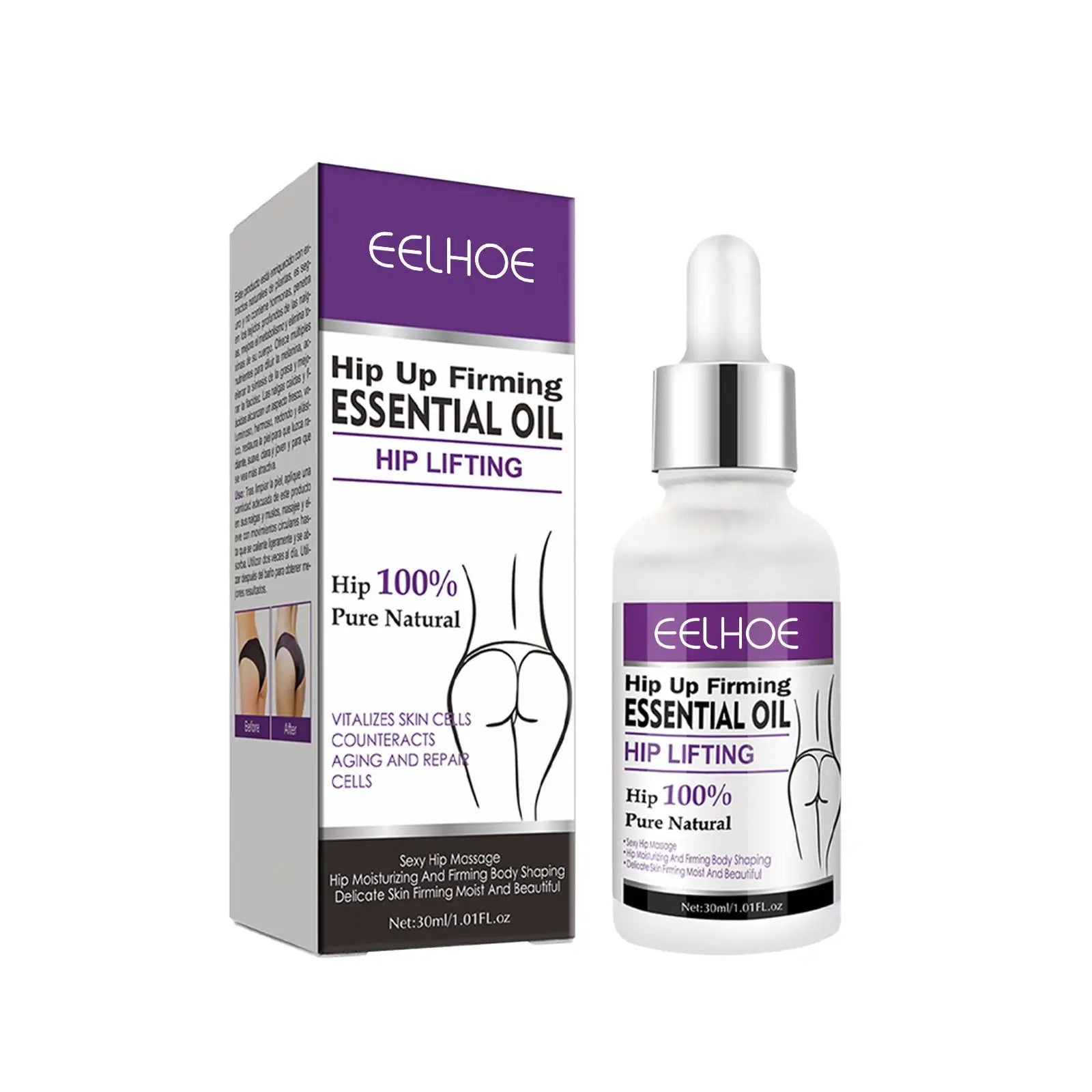 Eelhoe hip lift essential oil firming treatment 30ml in clear glass bottle with silver dropper and purple label with box