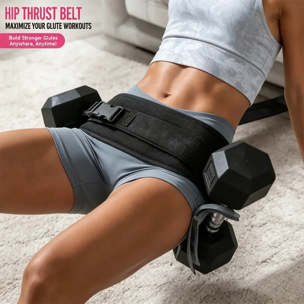 Black hip thrust belt with adjustable strap and buckle designed for glute workouts showing the back side