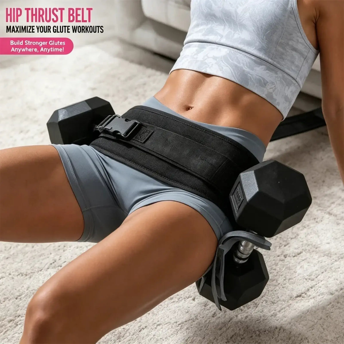 Black hip thrust belt with adjustable strap and buckle designed for glute workouts showing the back side