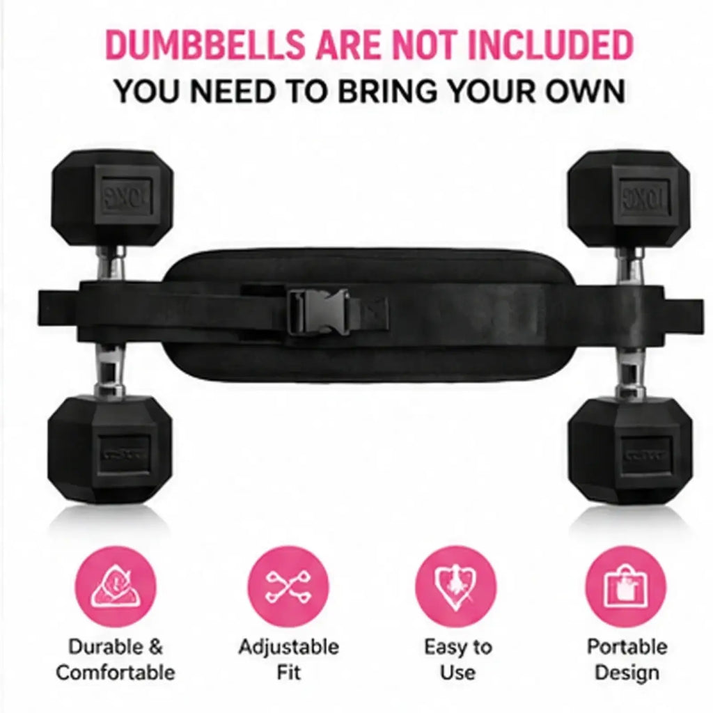Black adjustable hip thrust belt with four hexagonal dumbbell plates attached for glute workouts visible from back side