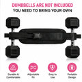 Black adjustable hip thrust belt with four hexagonal dumbbell plates attached for glute workouts visible from back side