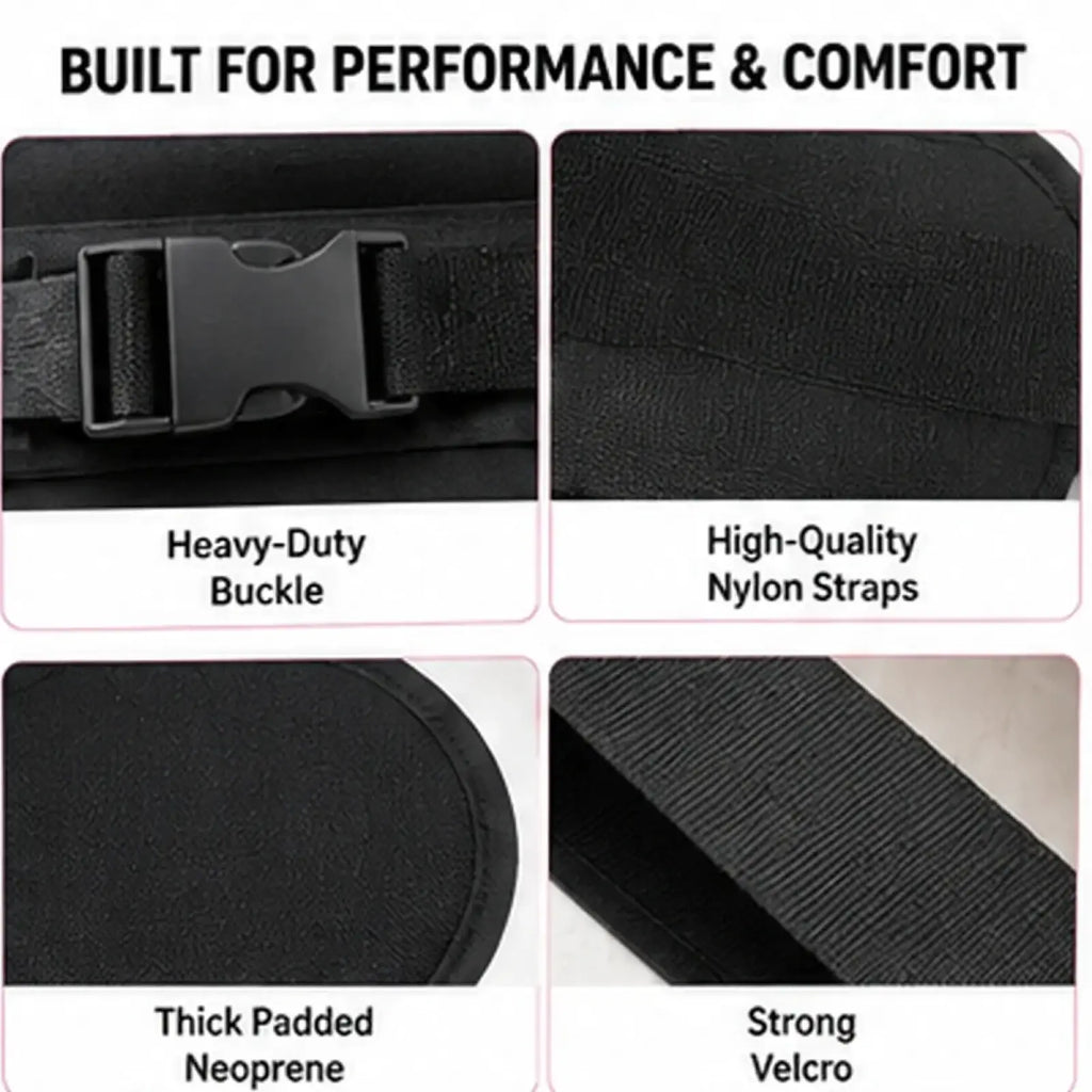 Black heavy-duty nylon hip thrust belt with black plastic buckle and thick padded neoprene lining for glute workouts