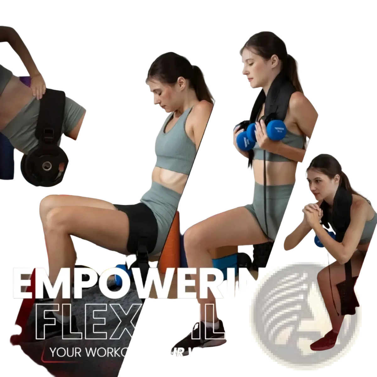 Black adjustable hip thrust belt made of durable material worn by a woman during various weight training poses