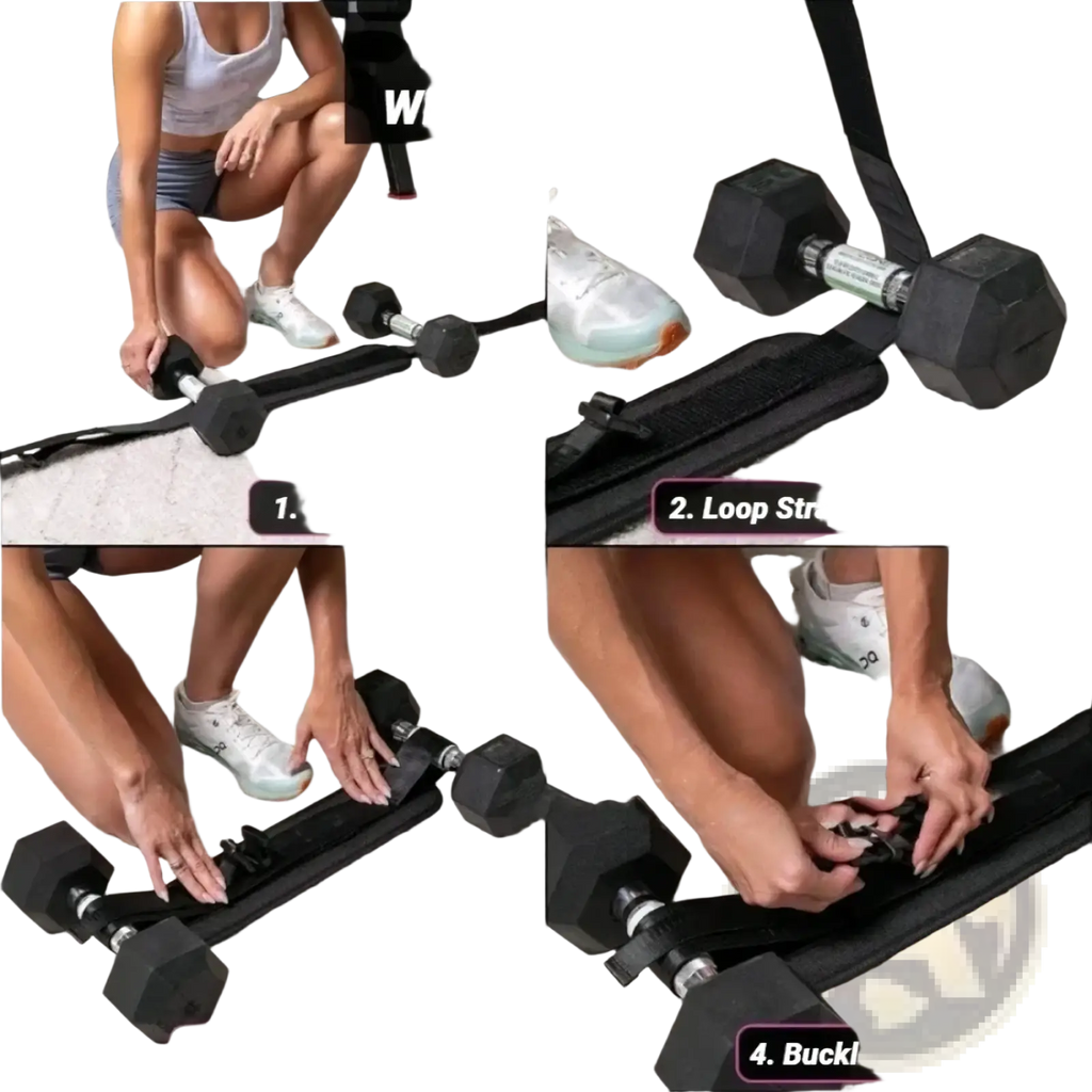 Black adjustable hip thrust belt with padded straps and buckle system for weight training use