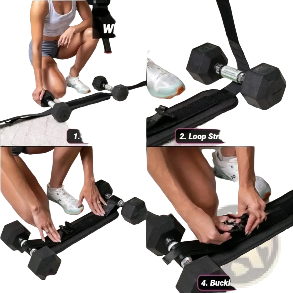 Black adjustable hip thrust belt with padded straps and buckle system for weight training use