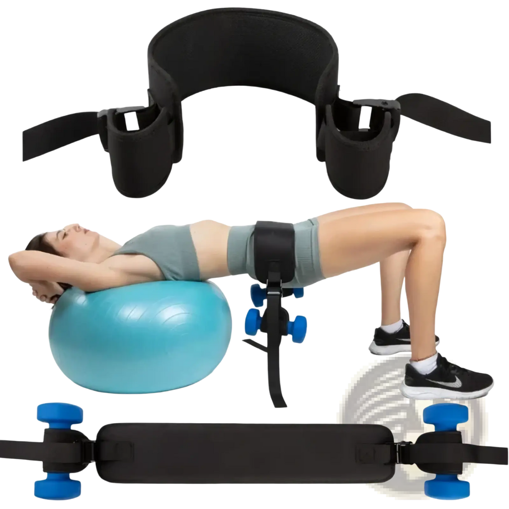 Black adjustable hip thrust belt with blue wheel attachments shown from the back for weight training support