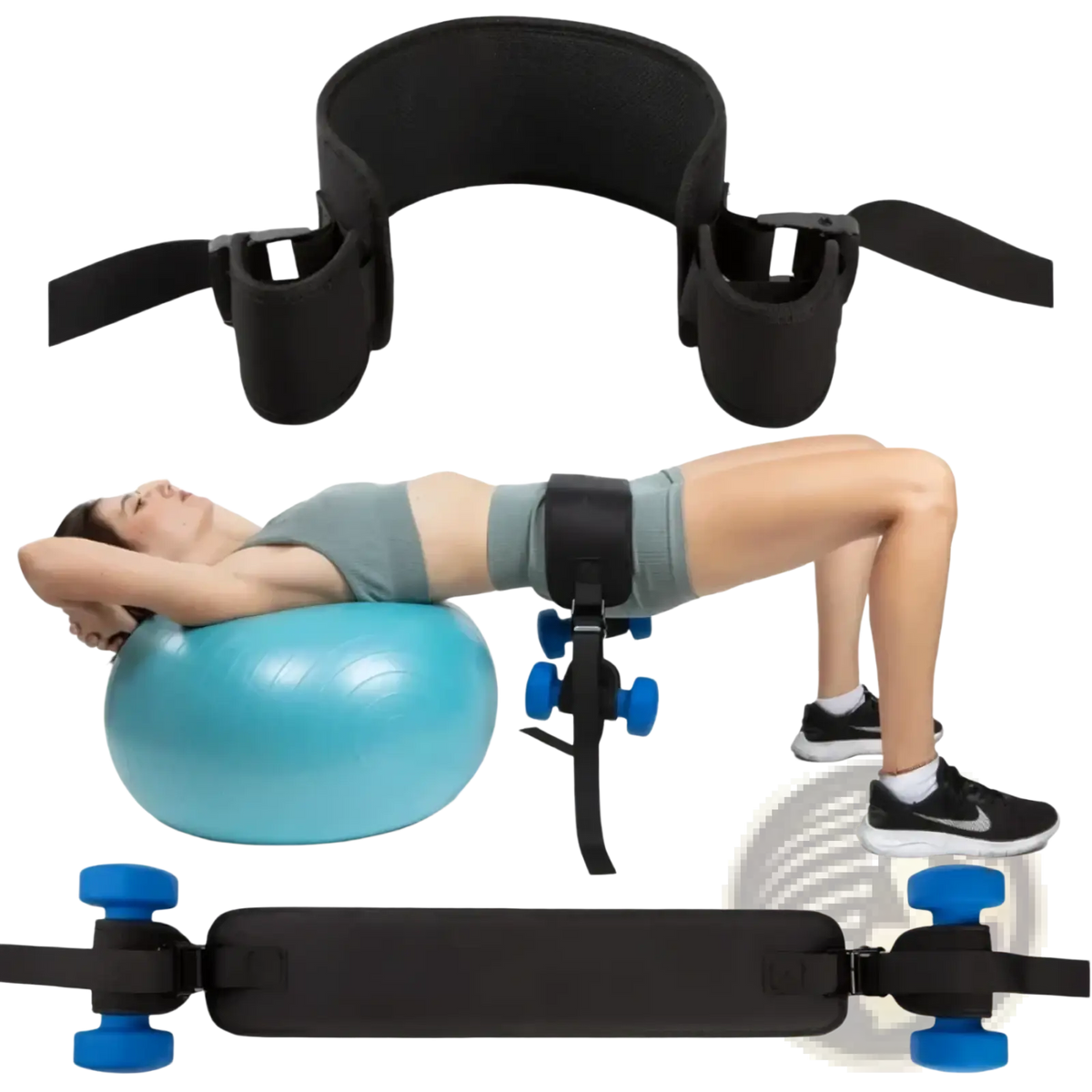 Black adjustable hip thrust belt with blue wheel attachments shown from the back for weight training support