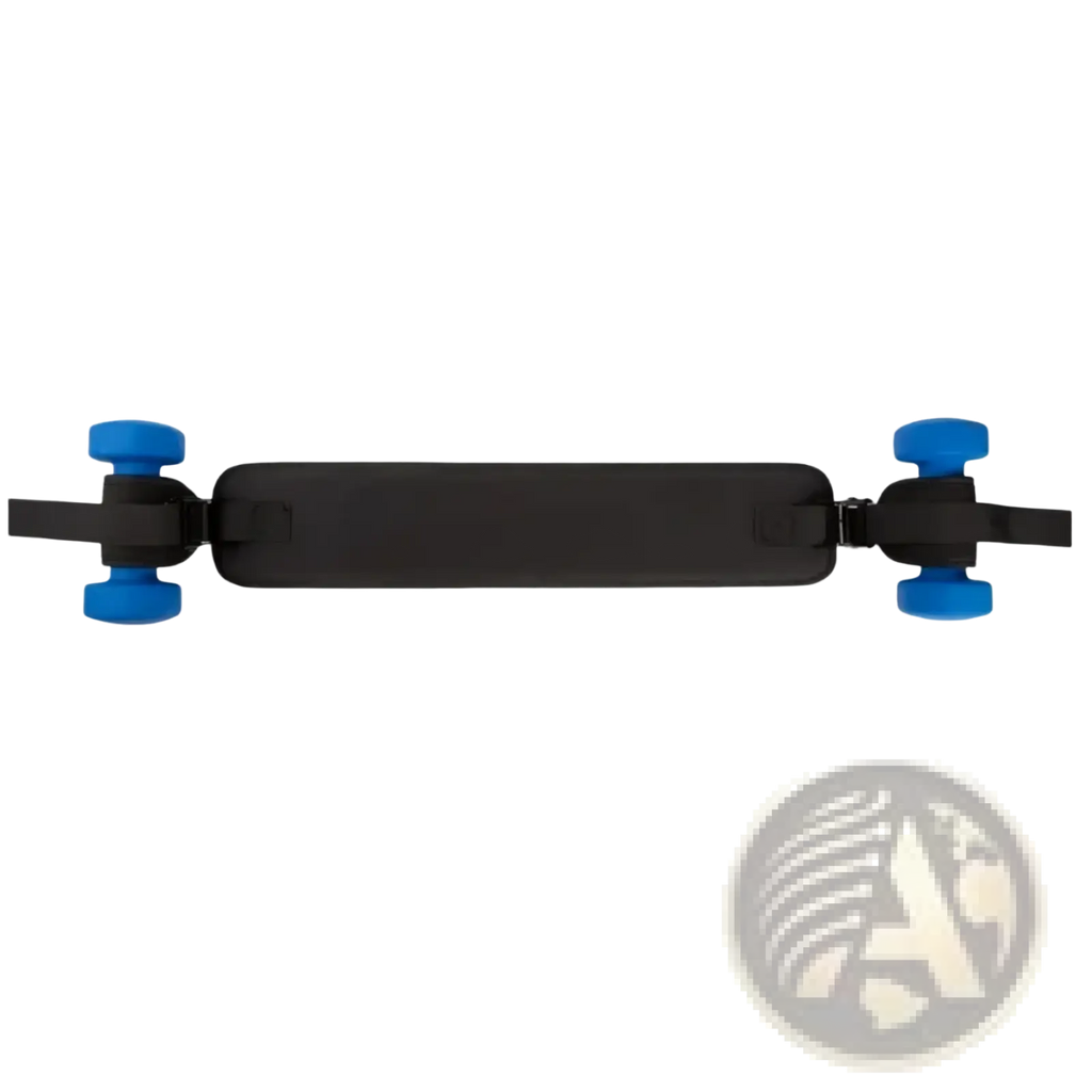 Black hip thrust belt for weight training with adjustable straps and bright blue wheels on an electric skateboard