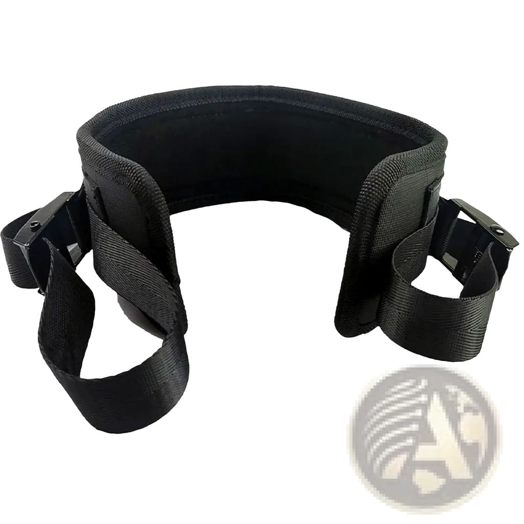 Black nylon hip thrust belt with adjustable straps and metal buckles for weight training use