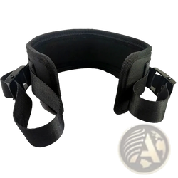 Black nylon hip thrust belt with adjustable straps and metal buckles for weight training use