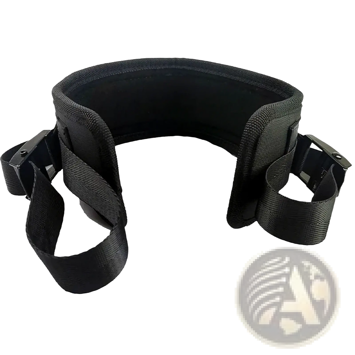 Black nylon hip thrust belt with adjustable straps and metal buckles for weight training use