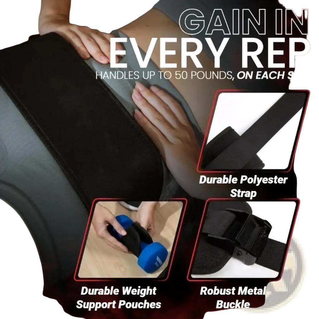 Black hip thrust belt for weight training with durable polyester straps and metal buckle supporting 50 pounds per side