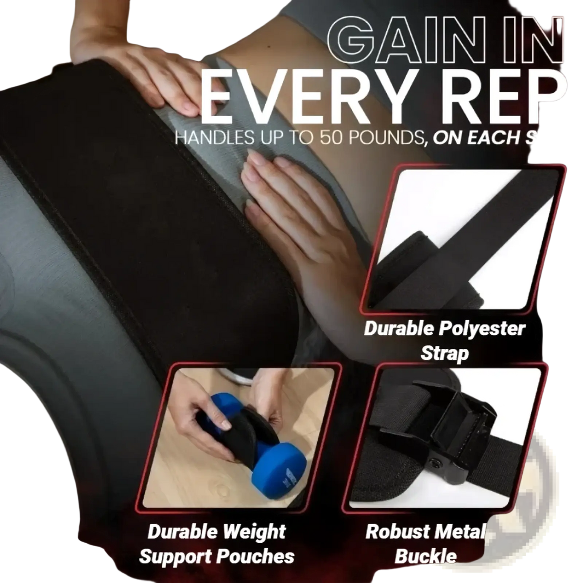 Black hip thrust belt for weight training with durable polyester straps and metal buckle supporting 50 pounds per side