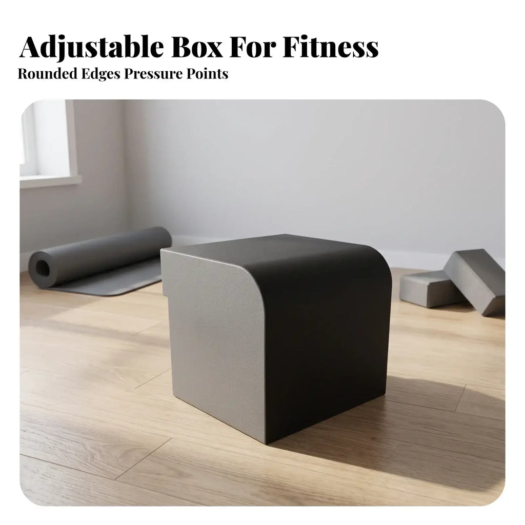 Black and gray adjustable hip thrust box with padded rounded edges for pressure point therapy and fitness use