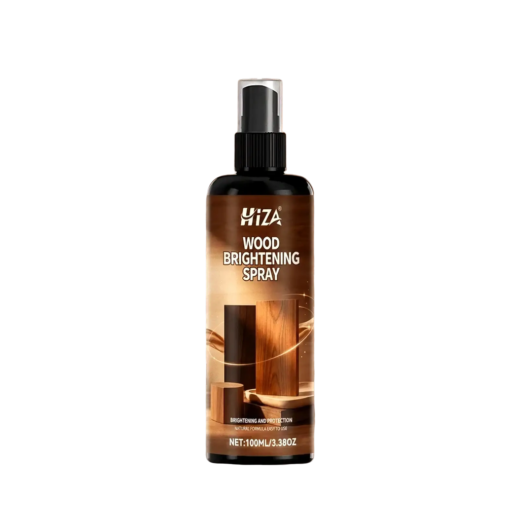 Black spray bottle of hiza wood polish spray and scratch remover with brightening and protection for wood surfaces