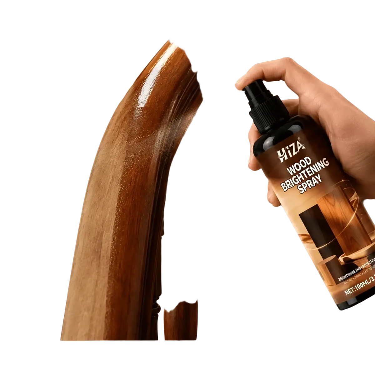 Black spray bottle of hiza wood brightening spray with brown label for wood polish spray and scratch remover